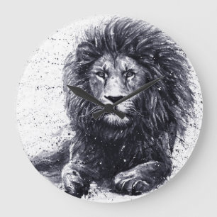 Reloj Redondo Grande Ilustracion blanco y negro de león.