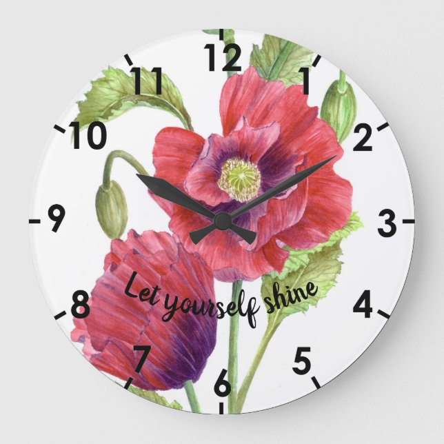 Reloj Redondo Grande Ilustracion Botánico de Watercolor Red Poppies (Anverso)