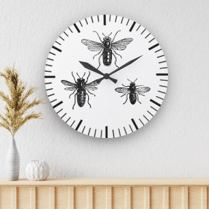 Reloj Redondo Grande Ilustración de abeja reina vintage y abejas trabaj