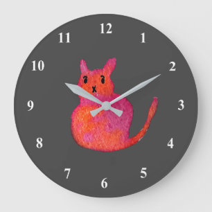 Reloj Redondo Grande ilustracion de acuarela felino y rosa