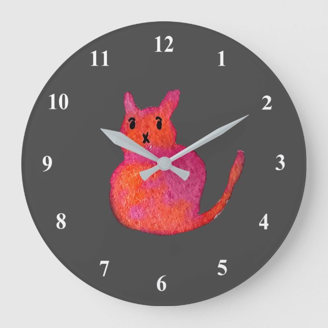 Reloj Redondo Grande ilustracion de acuarela felino y rosa (Anverso)