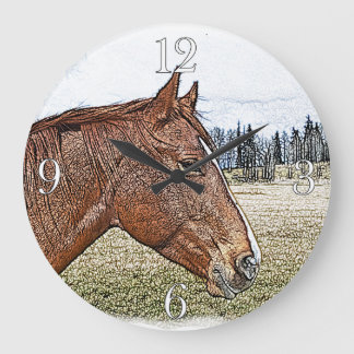 Reloj Redondo Grande Ilustracion de arte equino con retrato de caballo 
