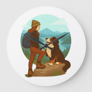 Reloj Redondo Grande Ilustración de aventura de niña y perro de montaña