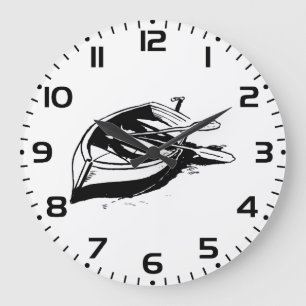 Reloj Redondo Grande Ilustración de bote de remos náutico en blanco y n