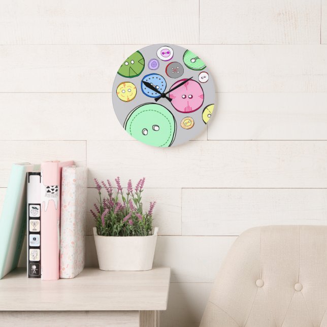 Reloj Redondo Grande Ilustración de botones pastel lindos (Sala de lectura)