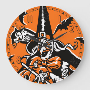 Reloj Redondo Grande Ilustracion de brujas y búhos de Halloween