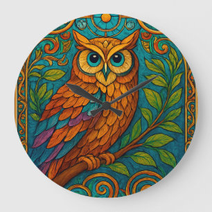 Reloj Redondo Grande Ilustración de búho de arte popular místico – Boho