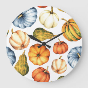 Reloj Redondo Grande Ilustracion de calabaza: Patrón acuarela sin foco