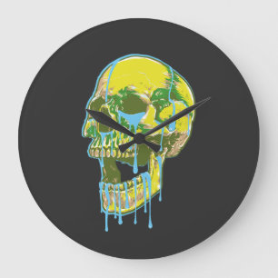 Reloj Redondo Grande Ilustración de cráneo goteando neón – Arte Grunge 