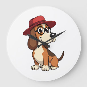 Reloj Redondo Grande Ilustración de dibujo animado de Basset Hound vint