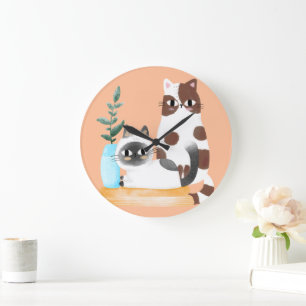 Reloj Redondo Grande Ilustración de Duo de Gatos Kawaii Adorables Gat