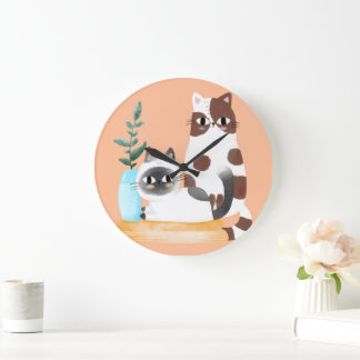 Reloj Redondo Grande Ilustración de Duo de Gatos Kawaii Adorables | Gat