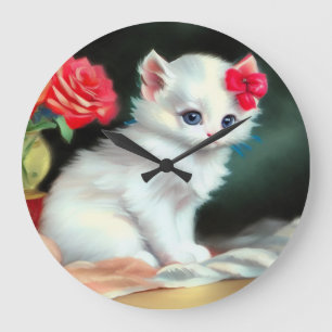 Reloj Redondo Grande Ilustracion de gatito blanco con flores rojas