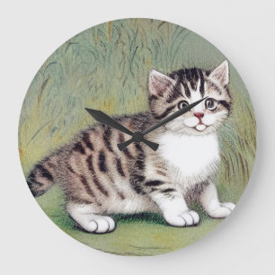 Reloj Redondo Grande Ilustracion de gatito vintage a rayas