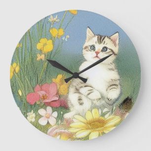 Reloj Redondo Grande Ilustracion de gatito vintage con flores amarillas