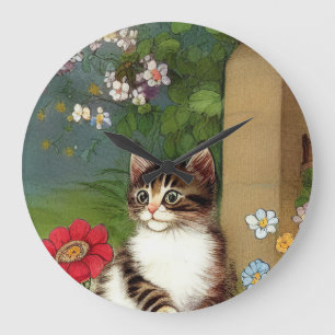Reloj Redondo Grande Ilustracion de gato vintage con flores de primaver
