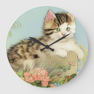 Reloj Redondo Grande Ilustracion de gato vintage con flores rosas