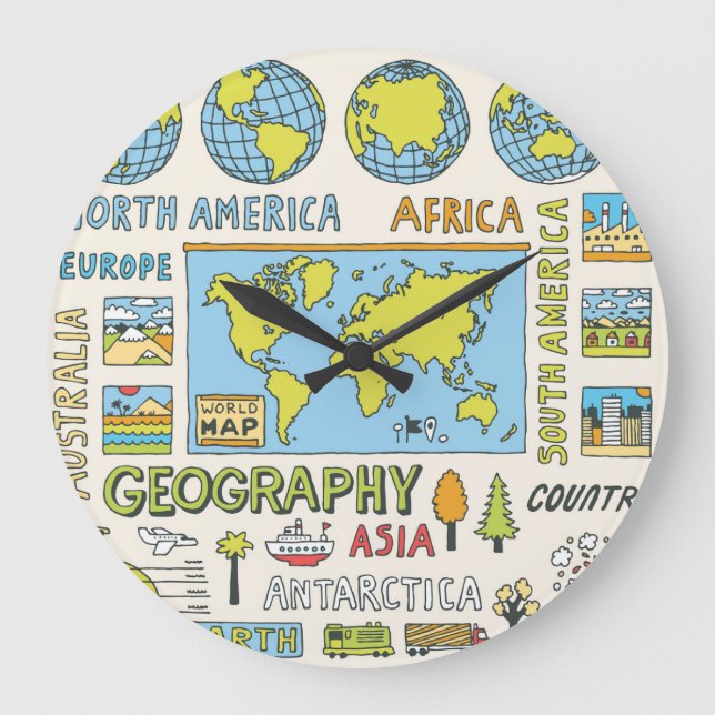 Reloj Redondo Grande Ilustracion de geografía de época dibujado a mano (Anverso)