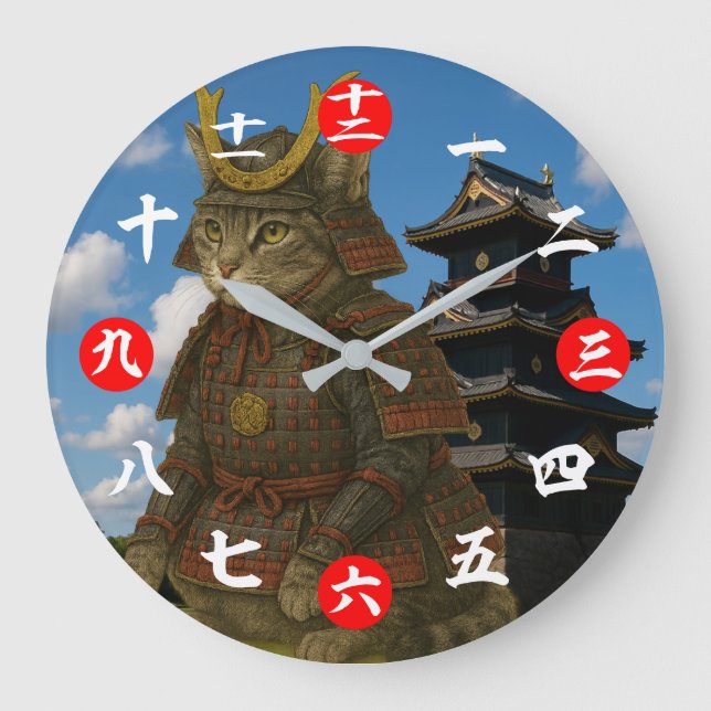 Reloj Redondo Grande Ilustracion de Guerrero del Gato Armado (Anverso)