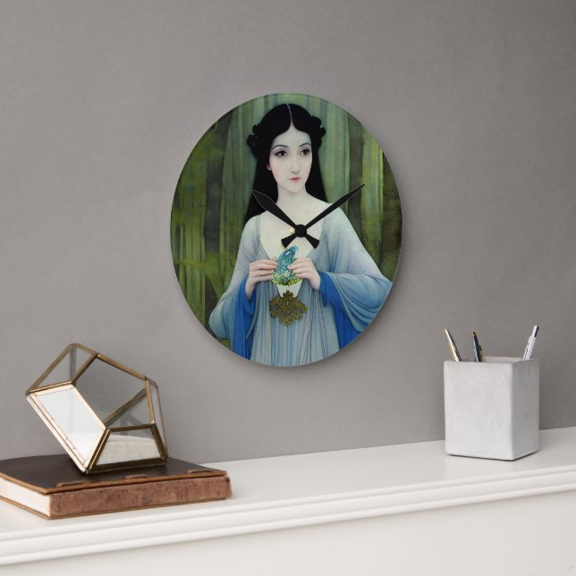 Reloj Redondo Grande Ilustracion de lavado de tinta de bella mujer en l (Oficina)