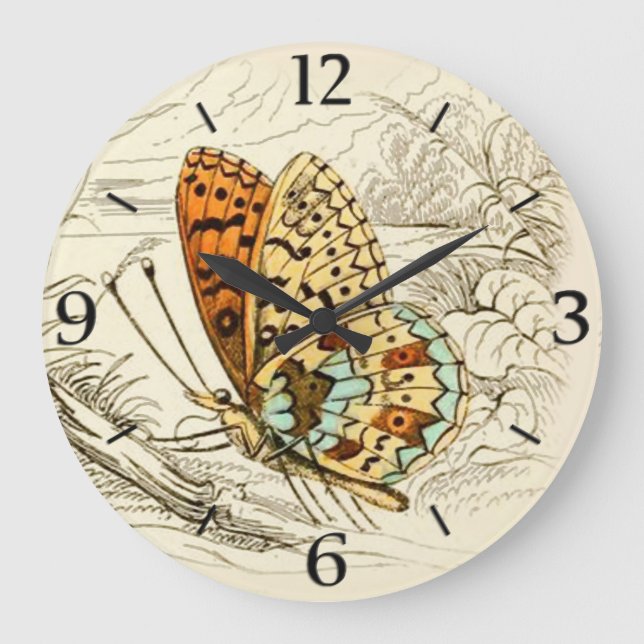 Reloj Redondo Grande Ilustracion de mariposa de época, Naranja y beige (Anverso)