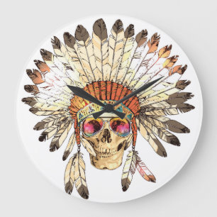 Reloj Redondo Grande Ilustracion de moda de cráneo nativo americano