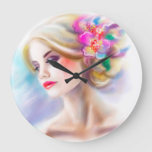 Reloj Redondo Grande ilustracion de moda de retrato femenino hermoso