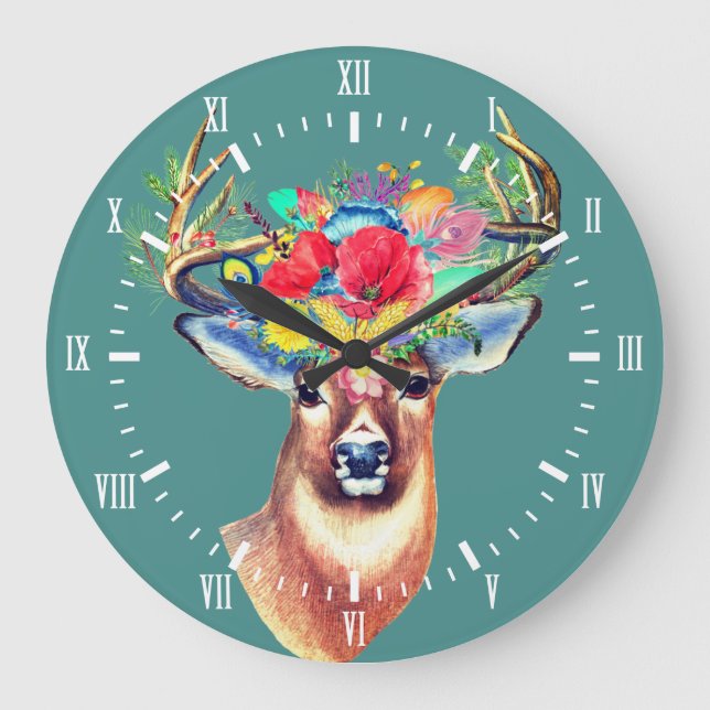 Reloj Redondo Grande Ilustracion de moda Floral Deer Antlers (Anverso)