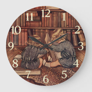 Reloj Redondo Grande Ilustración de niños antiguos leyendo en la biblio