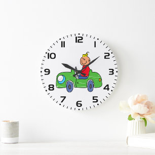 Reloj Redondo Grande Ilustracion de niños con auto verde lindo