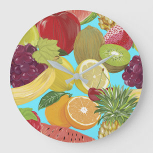Reloj Redondo Grande Ilustración de patrón de frutas tropicales mixtas
