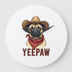 Reloj Redondo Grande Ilustración de perro occidental YeePaw Pug vaquero