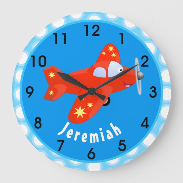 Reloj Redondo Grande ilustracion de personalizado de avión rojo y blanc (Anverso)