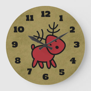 Reloj Redondo Grande Ilustracion de renos de Navidades rojos