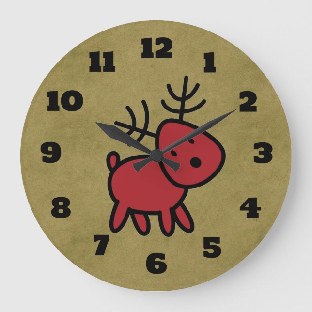 Reloj Redondo Grande Ilustracion de renos de Navidades rojos (Anverso)
