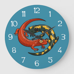 Reloj Redondo Grande Ilustración de Salamandra Roja y Salamandra de Fue