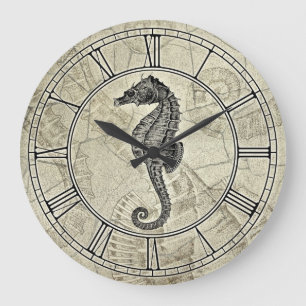 Reloj Redondo Grande Ilustracion del caballo de mar del vintage