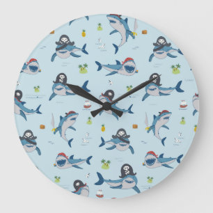 Reloj Redondo Grande Ilustracion del perro del tiburón pirata