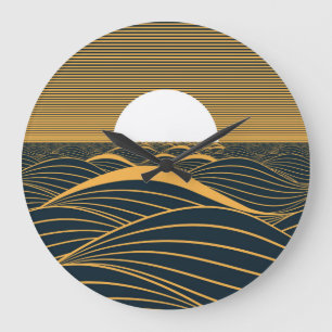 Reloj Redondo Grande Ilustración estilizada de sol-luna, mar oscuro.