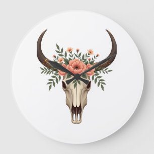 Reloj Redondo Grande Ilustración floral vintage de cráneo de toro boho