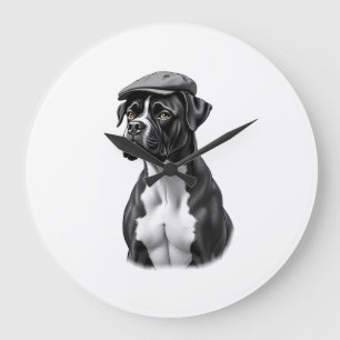 Reloj Redondo Grande Ilustración Gráfica Monocroma de Boxer Antiguo con