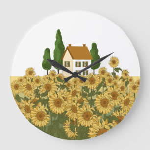 Reloj Redondo Grande Ilustracion House Sunflowers Field Vintage