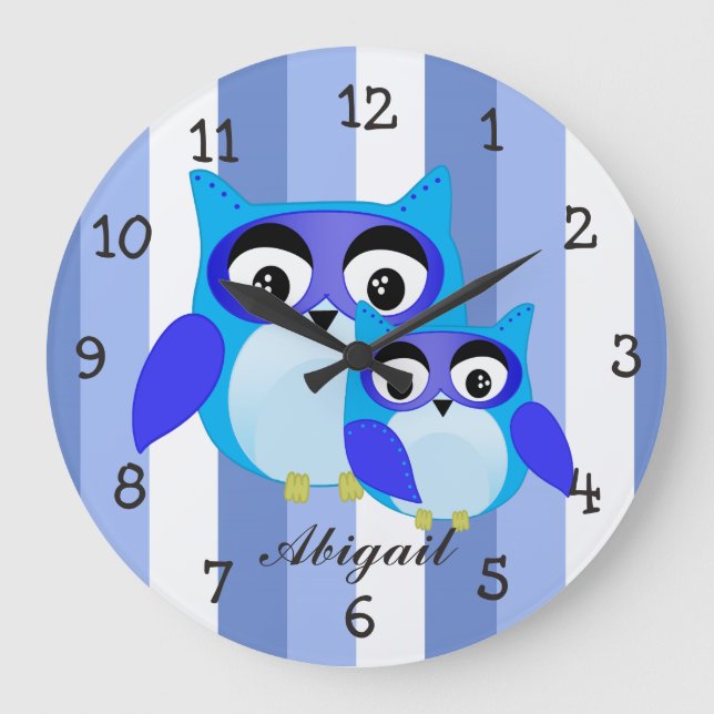 Reloj Redondo Grande Ilustracion personalizado de niños de búho azul (Anverso)