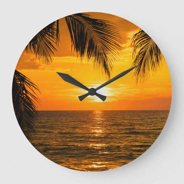 Reloj Redondo Grande Ilustracion Tropical Beach Sunset Palm (Anverso)