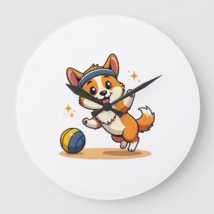 Reloj Redondo Grande Ilustración vectorial de perro Corgi vintage jugan