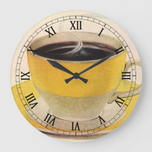 Reloj Redondo Grande Ilustración Vintage Café en una Taza Amarilla