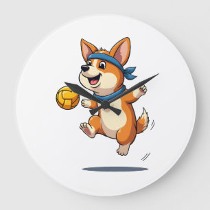 Reloj Redondo Grande Ilustración Vintage de Voleibol de Corgi Perro Atl