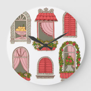 Reloj Redondo Grande Ilustraciones con ventanas antiguas: artísticas.