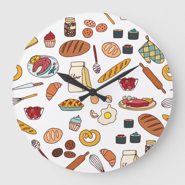 Reloj Redondo Grande Ilustraciones de alimentos de época: patrón sin so (Anverso)