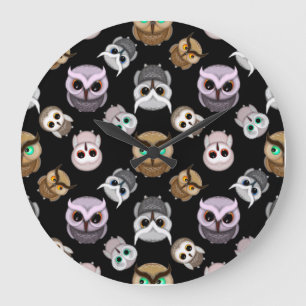 Reloj Redondo Grande Ilustraciones de búho lindos sobre fondo negro